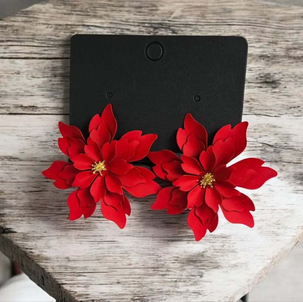 Red Floral Earrings Metal Flower Earrings